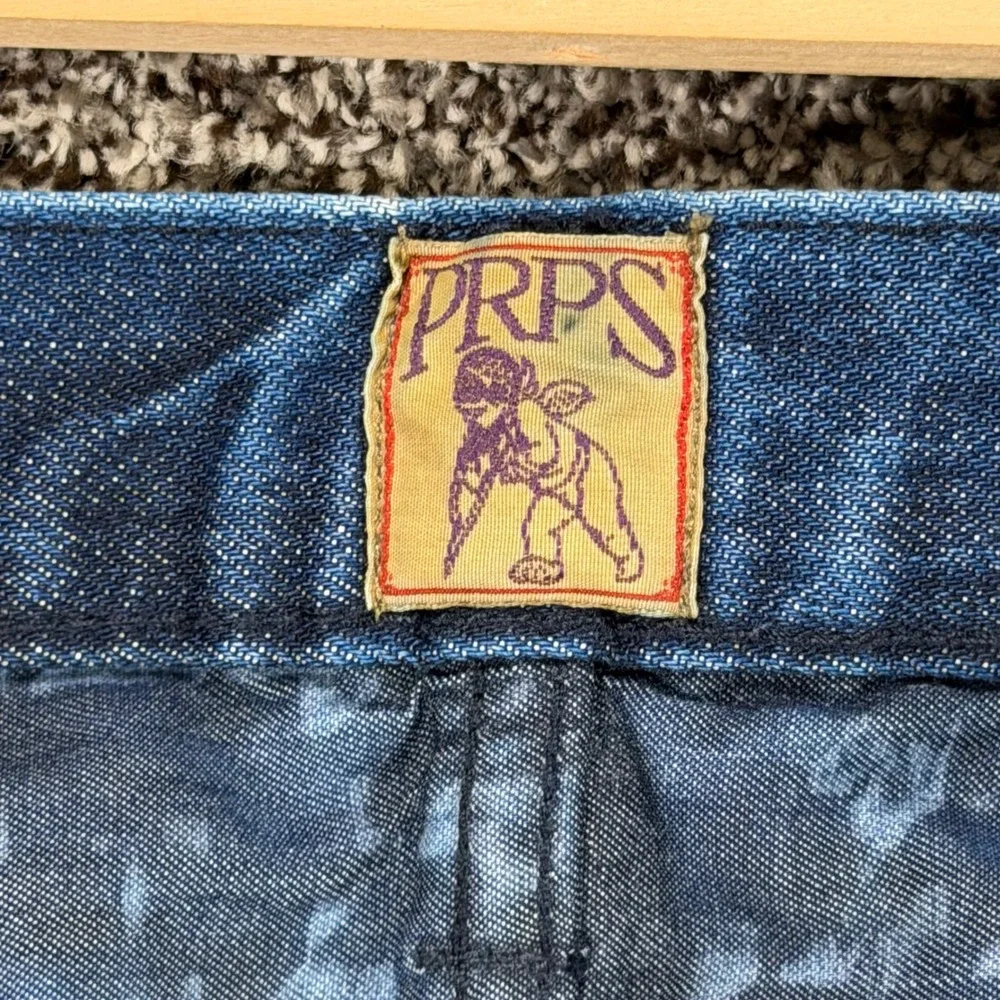 PRPS Barracuda Jean Shorts Mens 34/18 Long Blue Denim Distressed Button Fly Jort